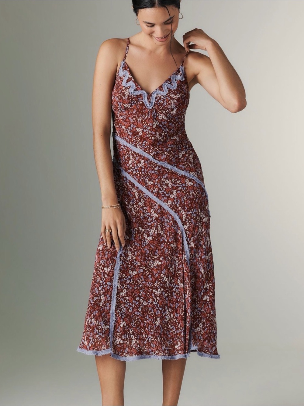 Anthropologie Burgundy Floral Midi Dress with Lavender Trim NWOT